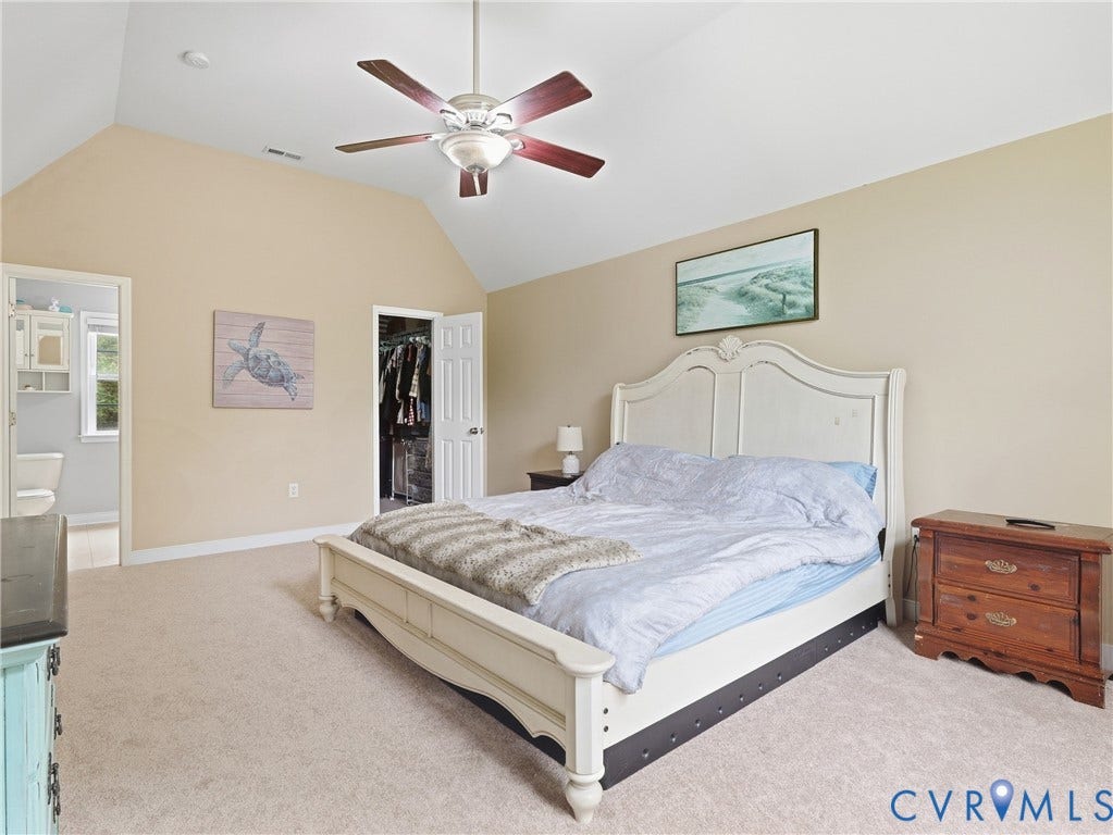 8325 Caroline Vines Way, Estates At Willis Church, Henrico, VA 23231 Vaulted ceiling with a ceiling fan, carpet flooring, and a walk-in closet