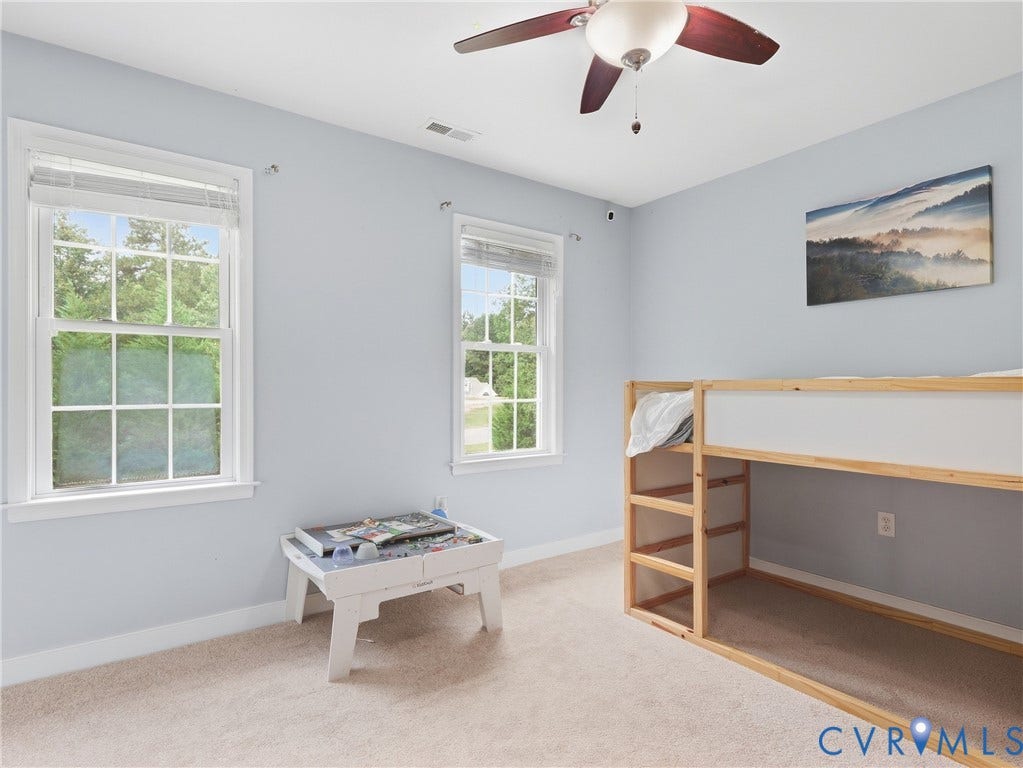 8325 Caroline Vines Way, Estates At Willis Church, Henrico, VA 23231 Bright room with two casement windows, light blue walls, and carpeted flooring
