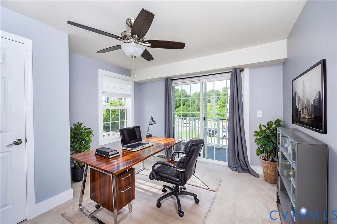 4300 Bon Secours Parkway, #A, Henrico, VA 23233 Room with a ceiling fan with integrated lighting, a window with white trim, and a glass-paneled sliding door