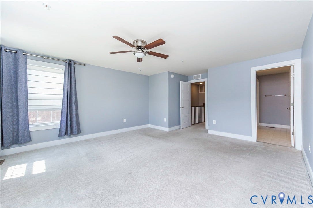 4300 Bon Secours Parkway, #A, Henrico, VA 23233 Carpeted room with light blue walls, a window with blinds, and a ceiling fan