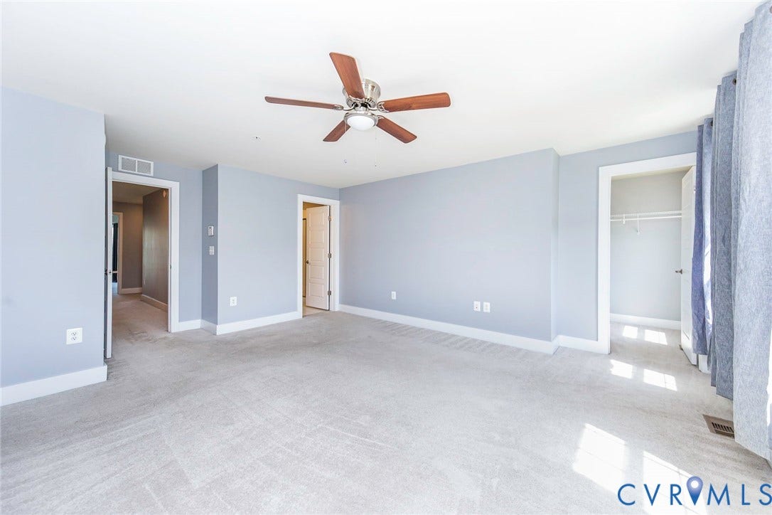4300 Bon Secours Parkway, #A, Henrico, VA 23233 Light-toned carpeting, light blue wall paint, and a ceiling fan with integrated lighting
