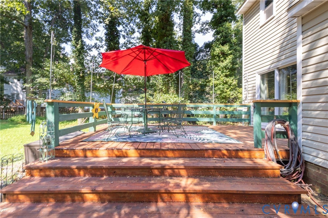 13802 Rockhaven Drive, Thornhill, Chester, VA 23836 Expansive wood deck with multiple steps and painted railing, offering direct access to the backyard
