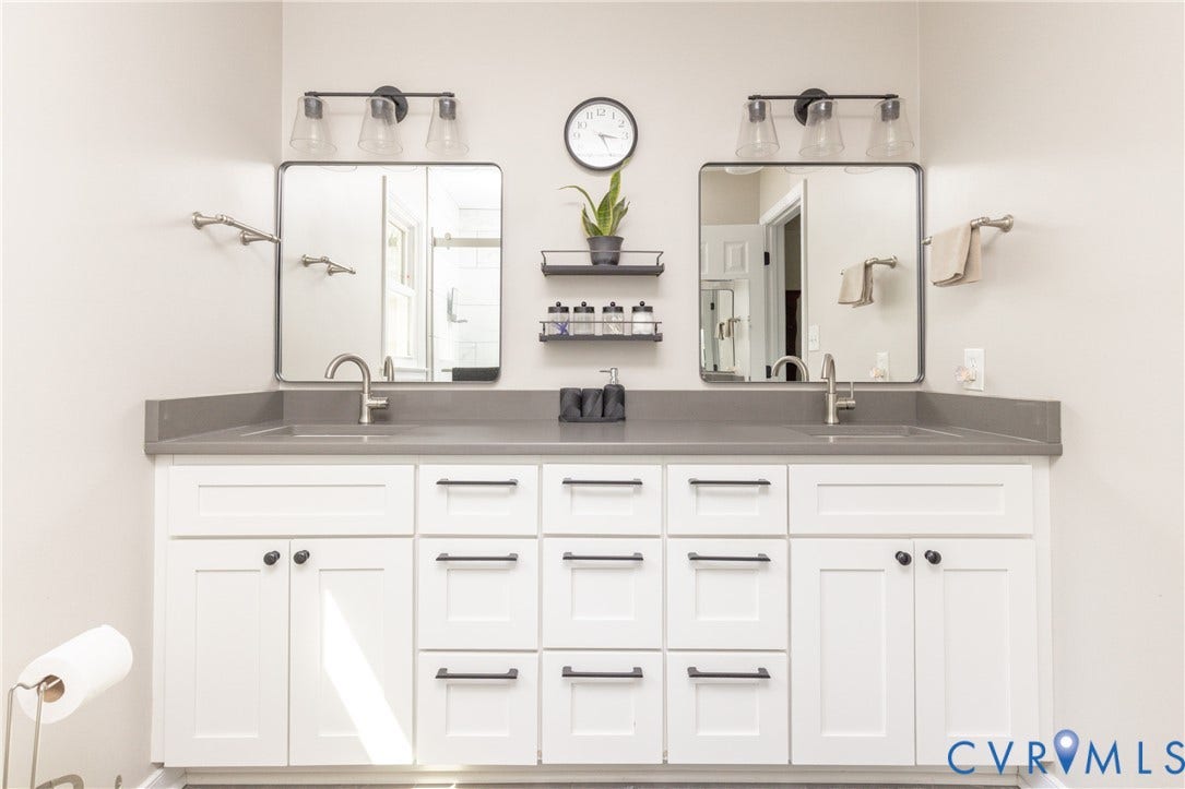 13802 Rockhaven Drive, Thornhill, Chester, VA 23836 Dual vanity with white shaker-style cabinetry, gray countertops, and modern black hardware