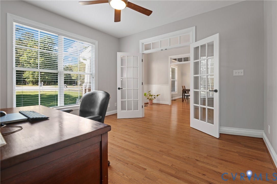 Hardwood flooring, French doors, transom windows, ceiling fan, and large window with blinds