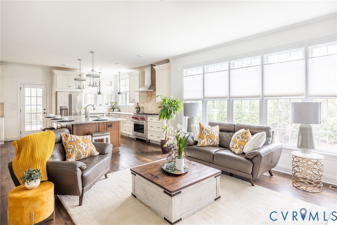 Open-concept living room with a full wall of windows with versatile top-down bottom-up window coverings to allow light or to close for privacy.