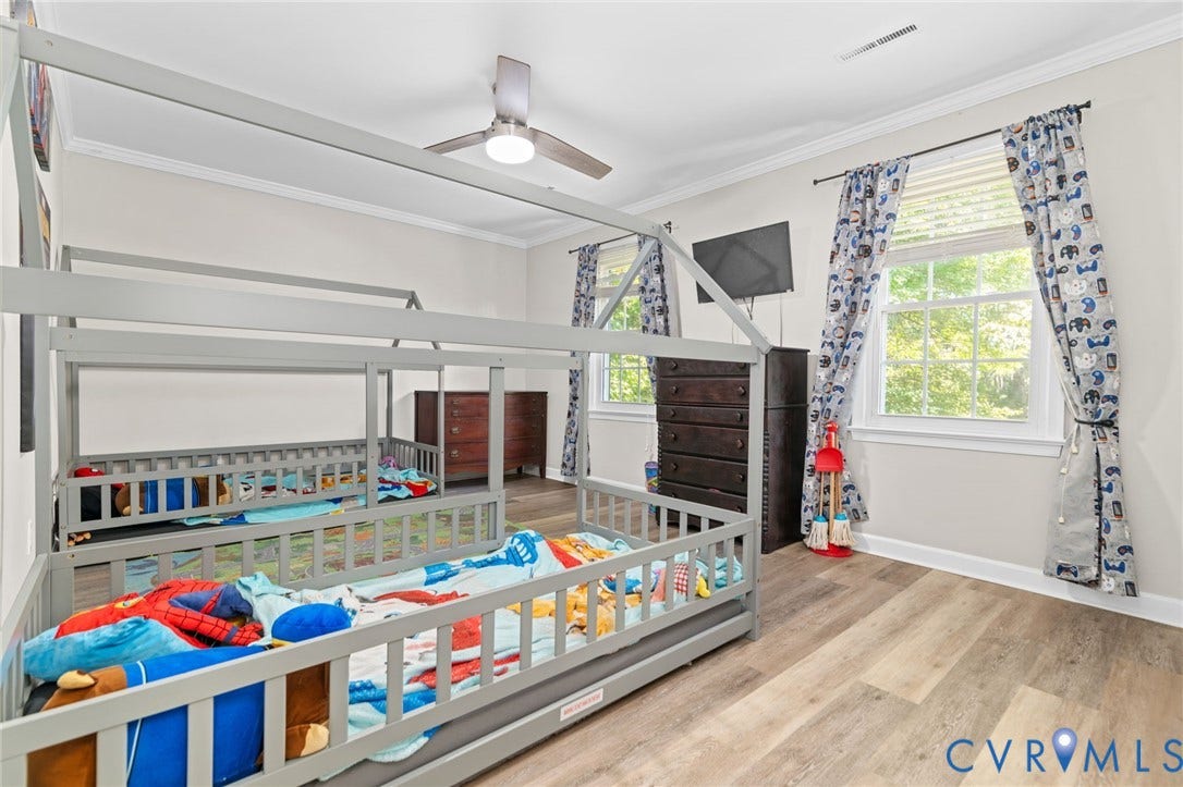 Wood-finish flooring, two large windows, crown molding, and a ceiling fan with integrated lighting