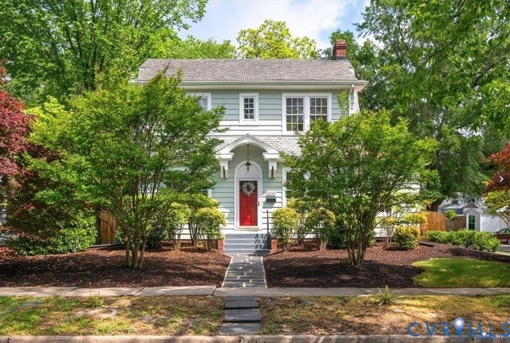 1500 Avondale Avenue, Bellevue, Richmond, VA 23227 Traditional two-story residence with light siding, a gabled roof, and a red front door