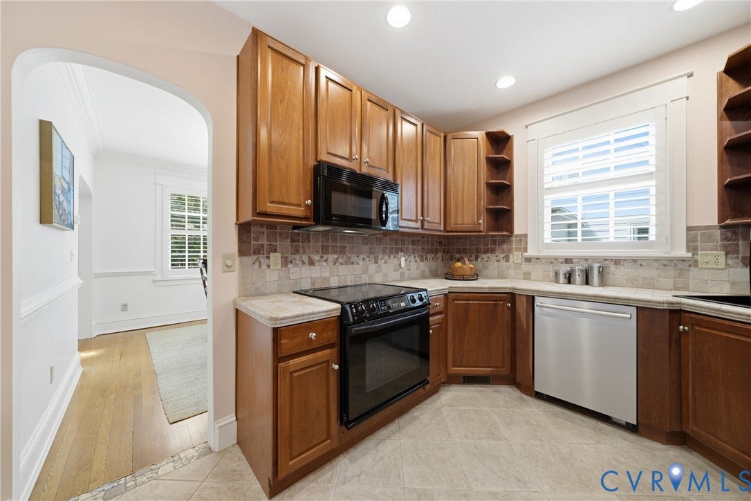 1500 Avondale Avenue, Bellevue, Richmond, VA 23227 Kitchen featuring wood cabinetry, stone-look countertops, a tile backsplash, and a built-in oven with an overhead microwave