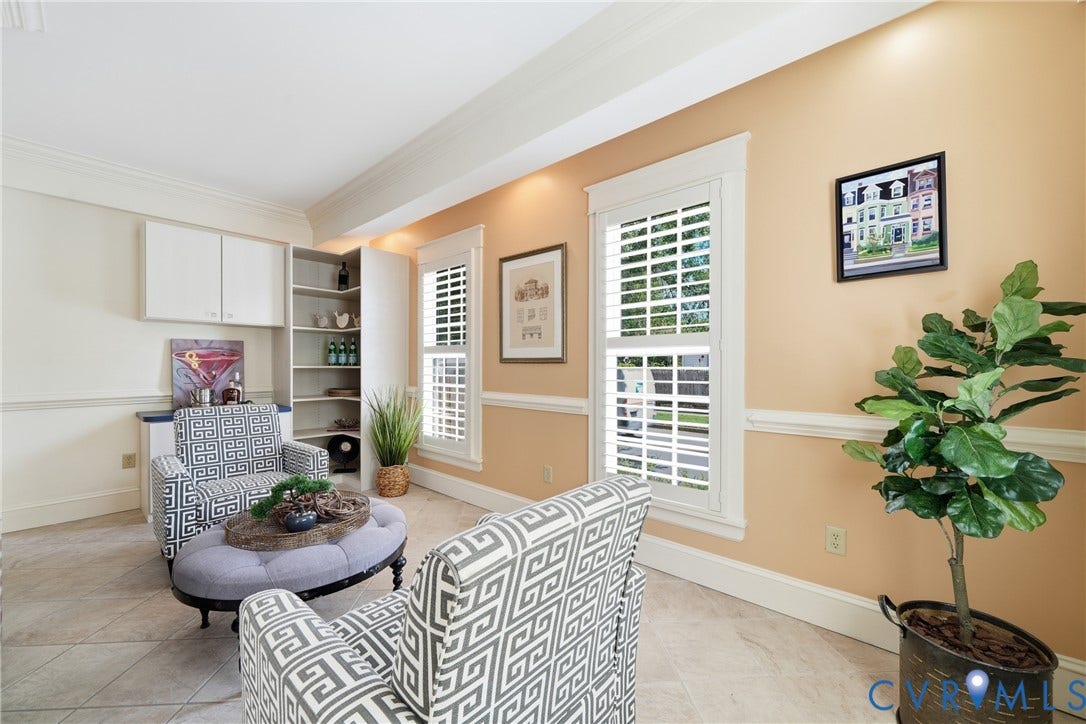 1500 Avondale Avenue, Bellevue, Richmond, VA 23227 Built-in corner shelving, integrated cabinetry, tile flooring, crown molding, and plantation shutters