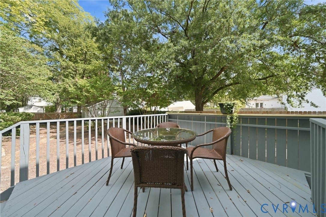 1500 Avondale Avenue, Bellevue, Richmond, VA 23227 Spacious outdoor deck with a painted wood surface, featuring a sturdy privacy fence