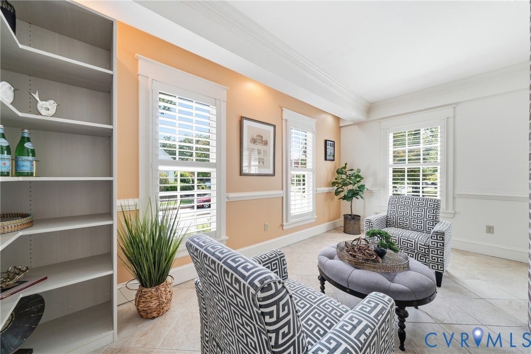 1500 Avondale Avenue, Bellevue, Richmond, VA 23227 Built-in shelving, crown molding, plantation shutters, picture frame molding, and tile flooring