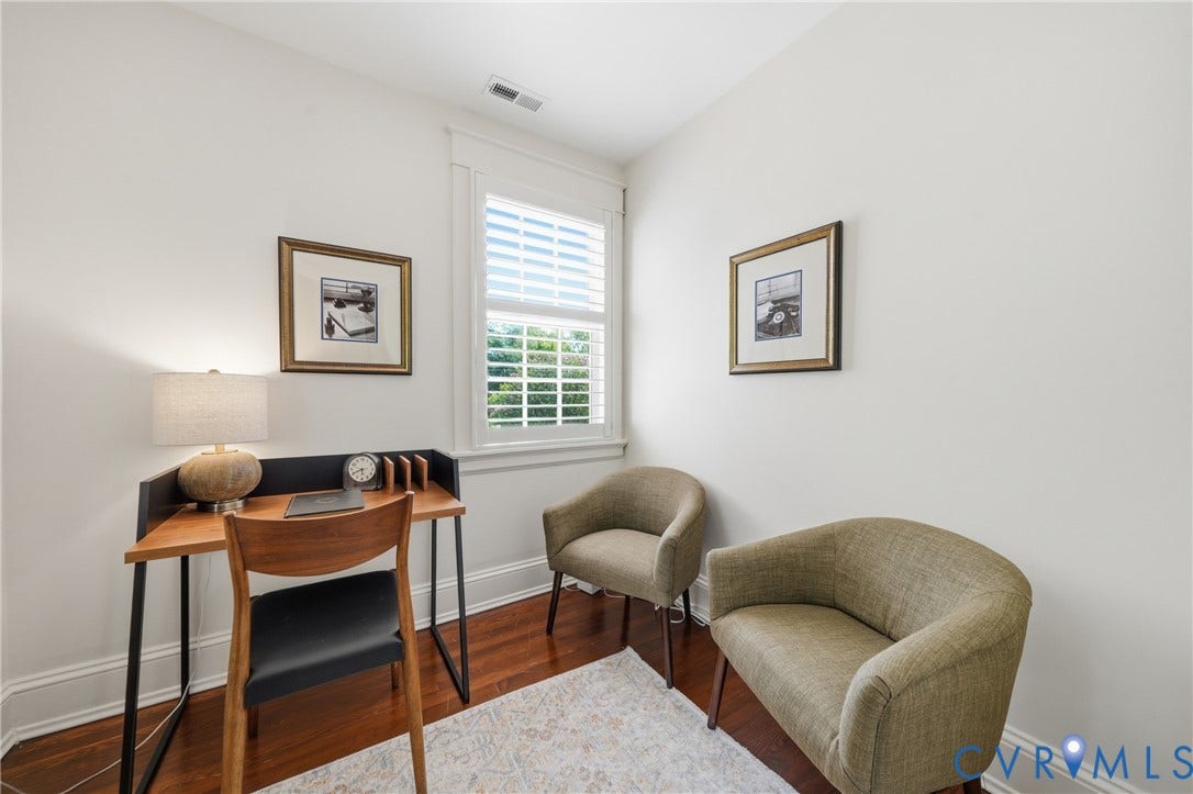 1500 Avondale Avenue, Bellevue, Richmond, VA 23227 Hardwood flooring, white wall paint, window with plantation shutters, crown molding, and white trim