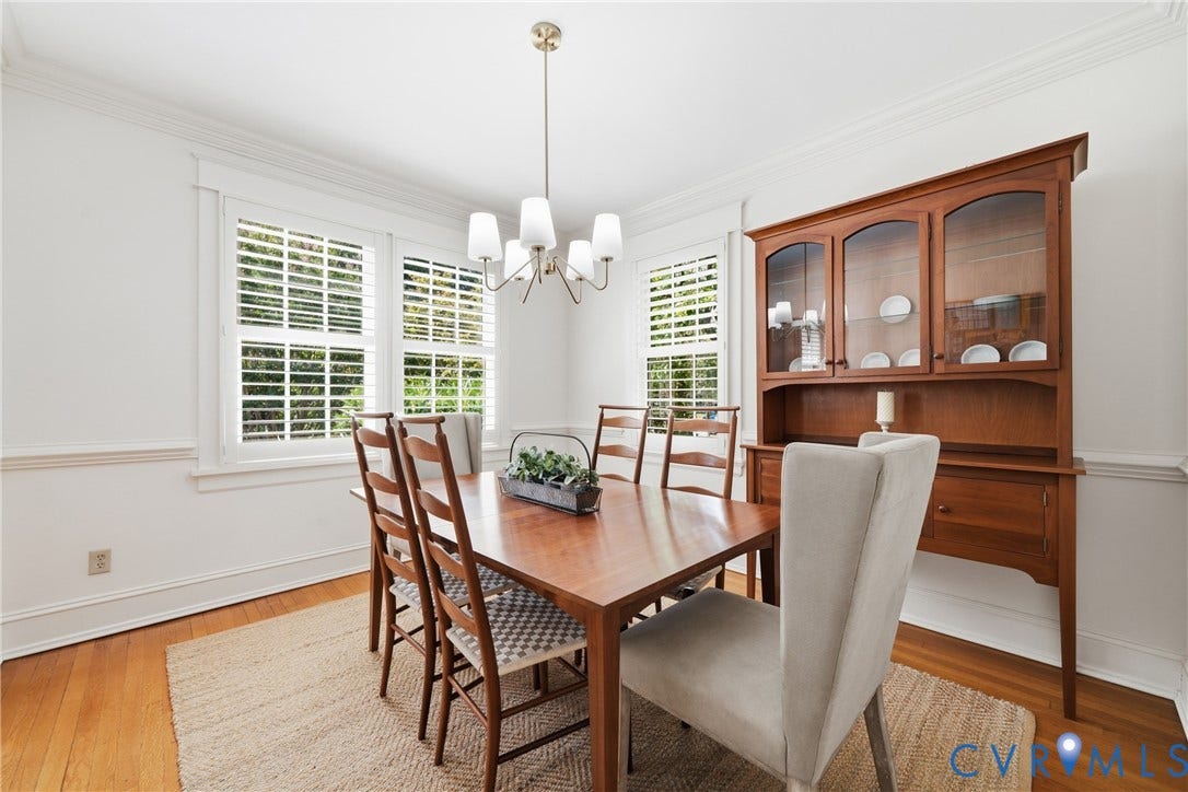 1500 Avondale Avenue, Bellevue, Richmond, VA 23227 Hardwood flooring, crown molding, chair rail, and multiple windows with plantation shutters, complemented by a built-in display hutch