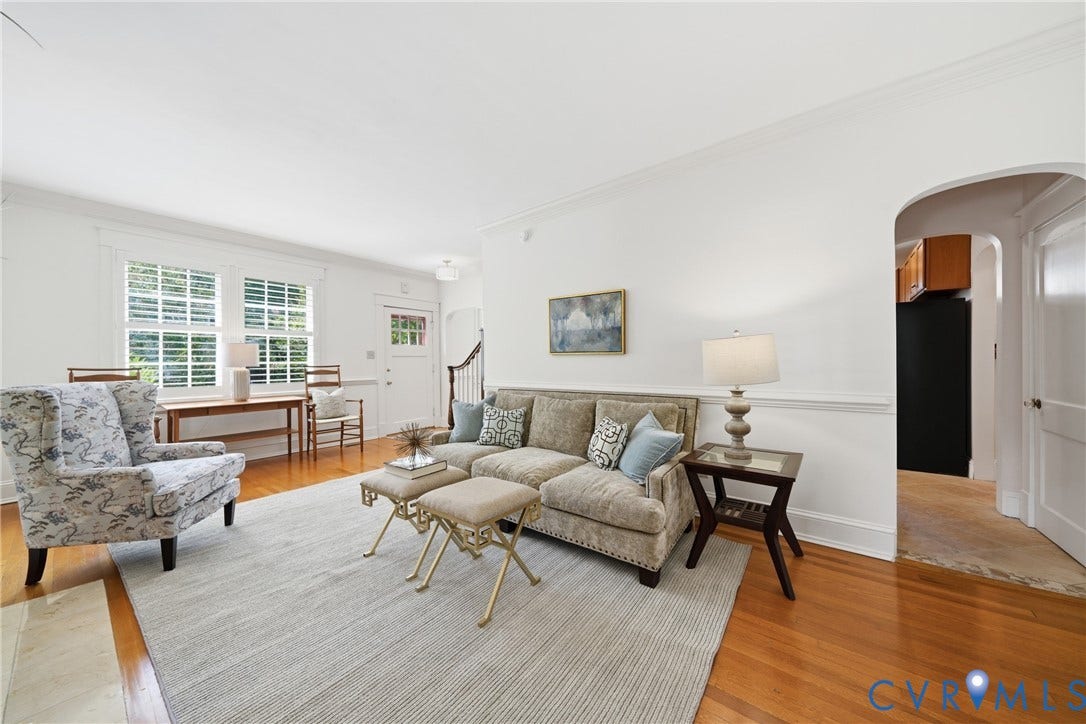 1500 Avondale Avenue, Bellevue, Richmond, VA 23227 Hardwood flooring, arched doorway, paneled interior door, white plantation shutters, and a white front entry door with glass panels