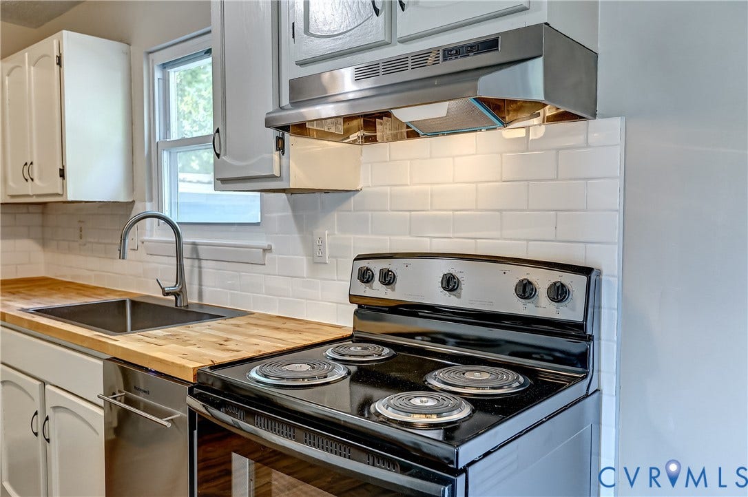 6100 Meadwood Circle, Hopkins Rd Corridor, Richmond, VA 23234 Kitchen featuring white subway tile backsplash, wood-finish countertops, brand new appliances including European fit dishwasher, stainless steel sink with gooseneck faucet, white cabinetry, and stainless steel range hood,