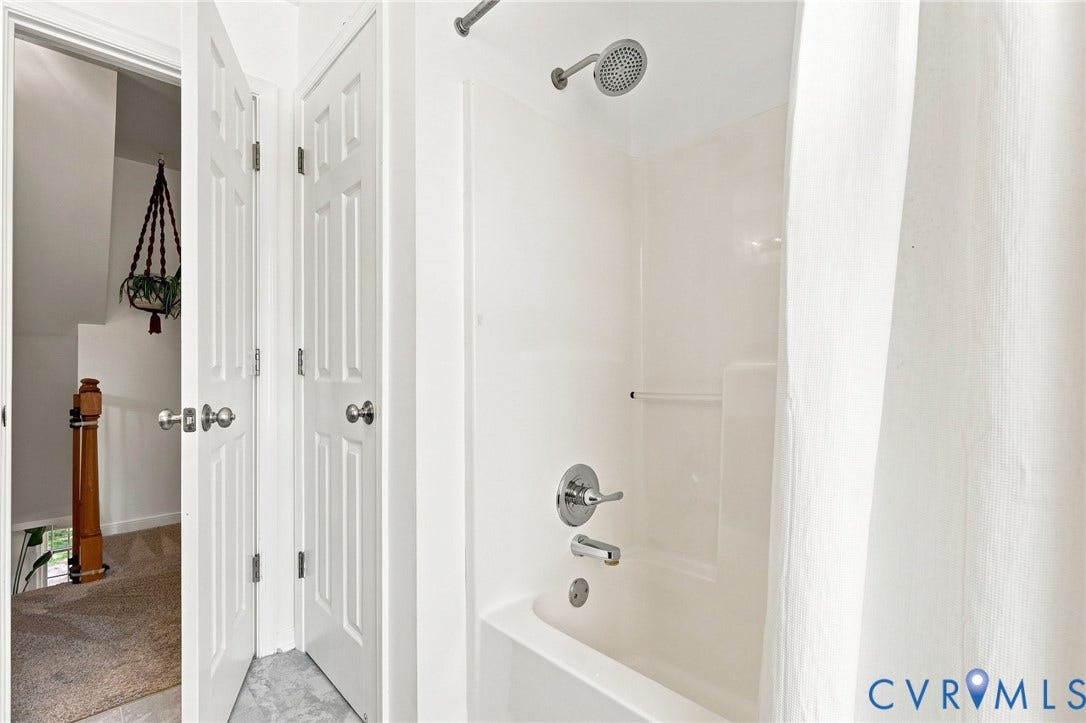 11342 McCauliff Court, North Chesterfield, VA 23236 Hall Bathroom w/ White shower surround with a chrome showerhead and faucet