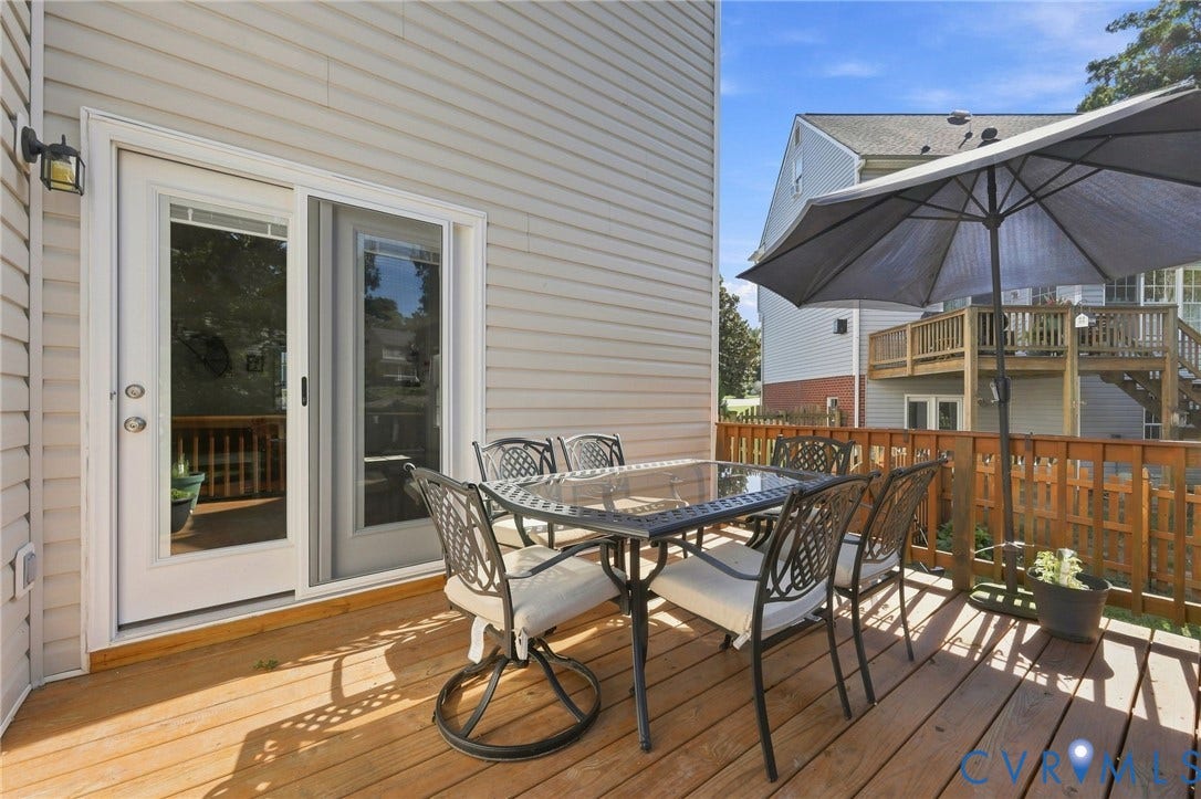 11342 McCauliff Court, North Chesterfield, VA 23236 Wood deck with a privacy fence, sliding glass door, and exterior wall lantern