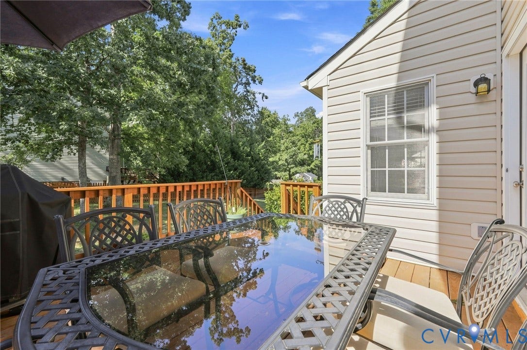 11342 McCauliff Court, North Chesterfield, VA 23236 Expansive deck with wood flooring and wood railing, featuring siding exterior and an exterior light fixture