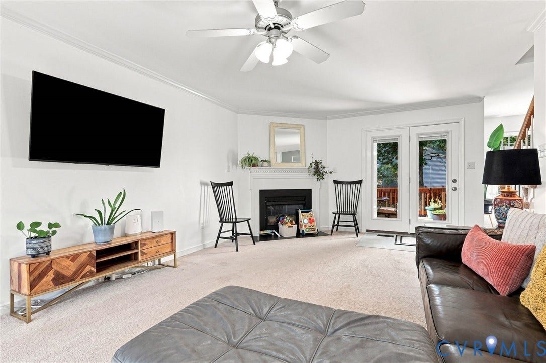 11342 McCauliff Court, North Chesterfield, VA 23236 Living area featuring a ceiling fan, fireplace with mantel, and double glass doors leading to an outdoor space