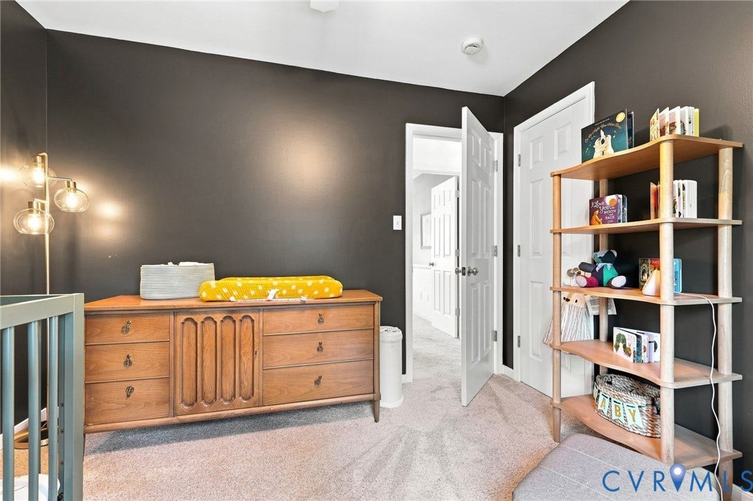 11342 McCauliff Court, North Chesterfield, VA 23236 Bedroom #4 featuring dark walls, light-colored carpeting, white trim, and a ceiling fan