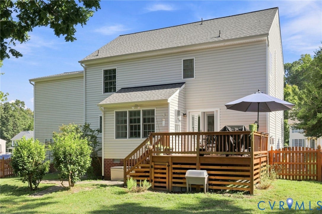 11342 McCauliff Court, North Chesterfield, VA 23236 Spacious wooden deck with railing, sliding glass door access, and a fenced yard