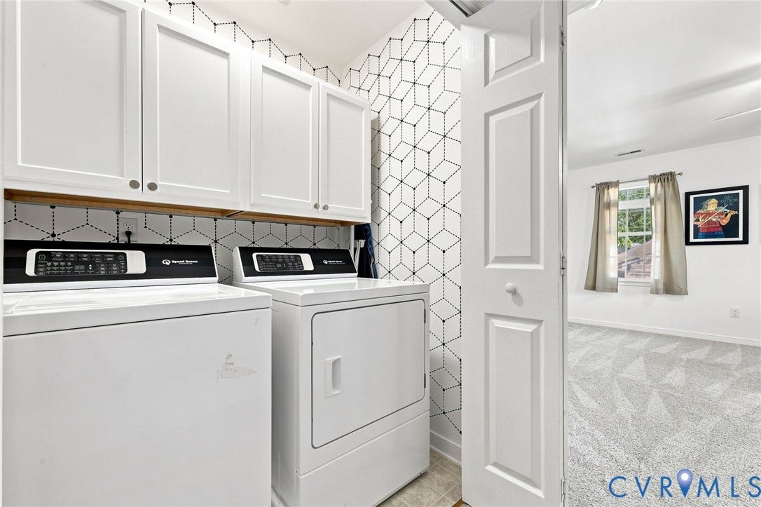 11342 McCauliff Court, North Chesterfield, VA 23236 Laundry area off upstairs hallway with geometric pattern accent wall, white shaker cabinetry, and wood-finish shelving