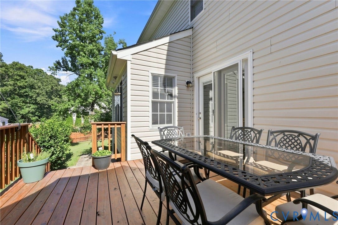 11342 McCauliff Court, North Chesterfield, VA 23236 Expansive wood deck with a natural finish, white vinyl siding, and sliding glass door access