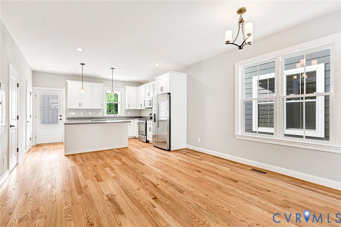 310 E 33rd Street, Swansboro West, Richmond, VA 23224 Open concept living area with wood-finish flooring, white cabinetry, stainless steel appliances, and a kitchen island