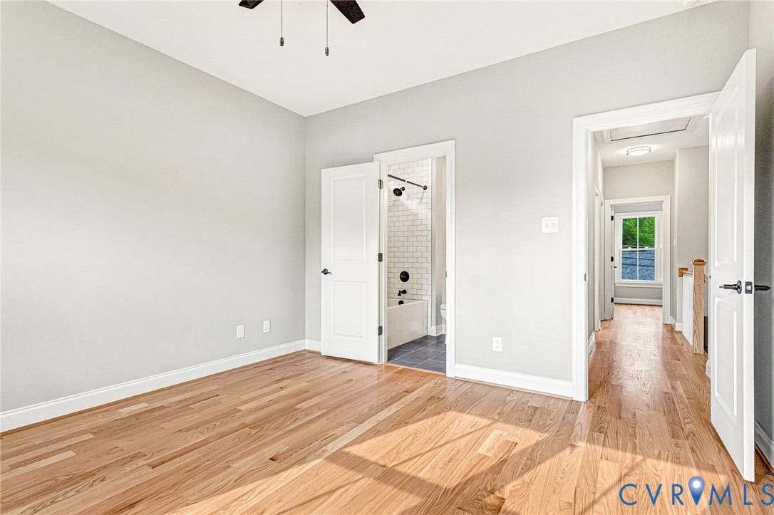 310 E 33rd Street, Swansboro West, Richmond, VA 23224 Hardwood flooring, light gray wall finish, white trim, ceiling fan, and white paneled doors