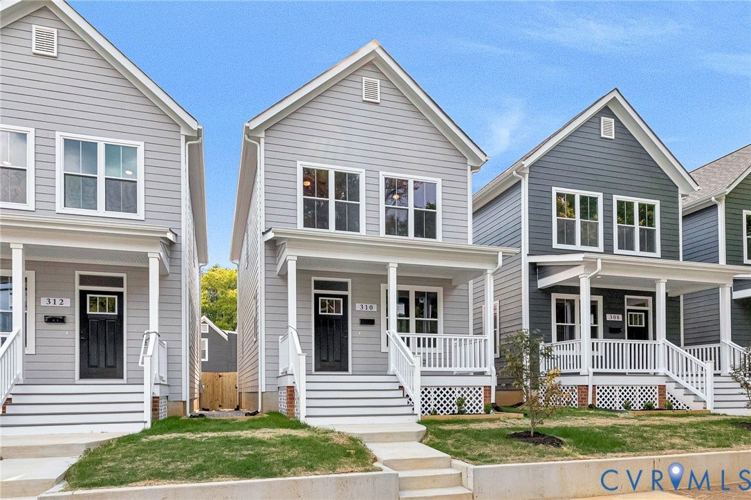 310 E 33rd Street, Swansboro West, Richmond, VA 23224 Gray siding exterior with white trim, a covered front porch, white railings, and a dark entry door