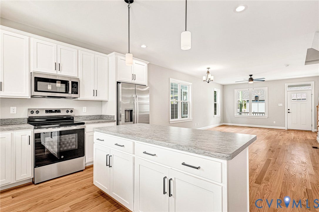 310 E 33rd Street, Swansboro West, Richmond, VA 23224 Modern kitchen featuring white cabinetry, stainless steel appliances, a center island with a light-toned countertop, and wood-finish flooring
