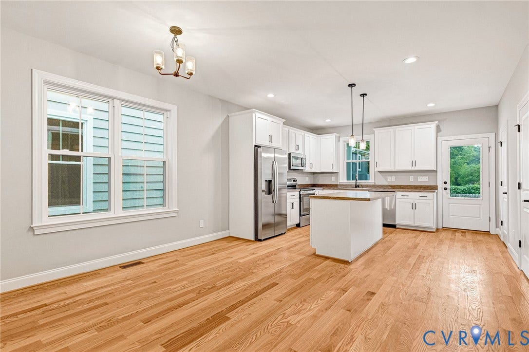 308 E 33rd Street, Swansboro West, Richmond, VA 23224 Hardwood flooring throughout, white shaker-style cabinetry, stainless steel appliances, kitchen island with pendant lighting, and recessed lighting