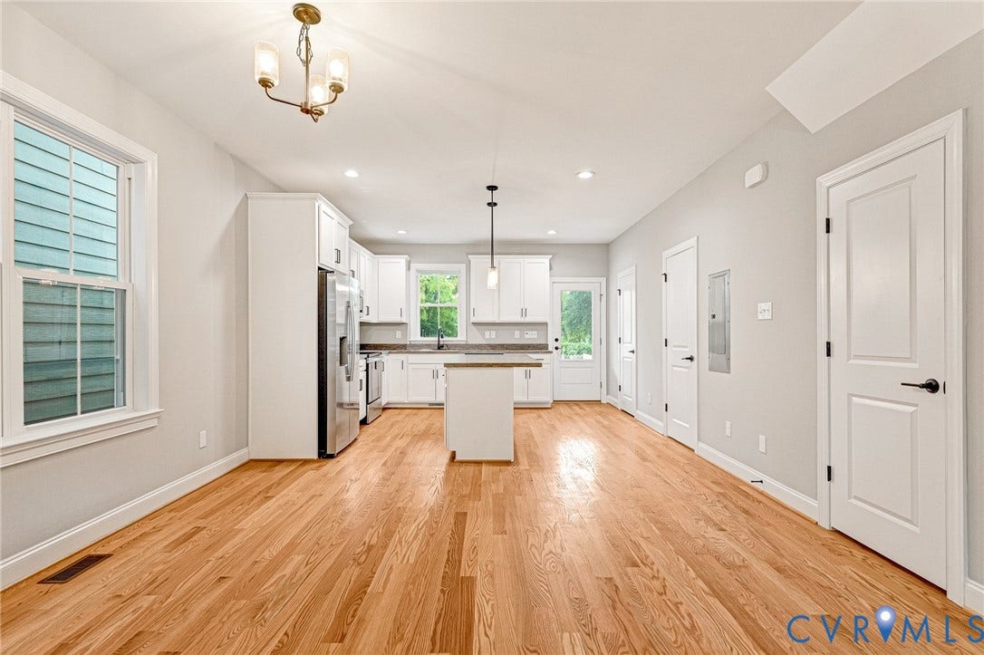 308 E 33rd Street, Swansboro West, Richmond, VA 23224 Open-concept living area featuring wood-finish flooring, white shaker cabinetry, stainless steel appliances, and recessed lighting