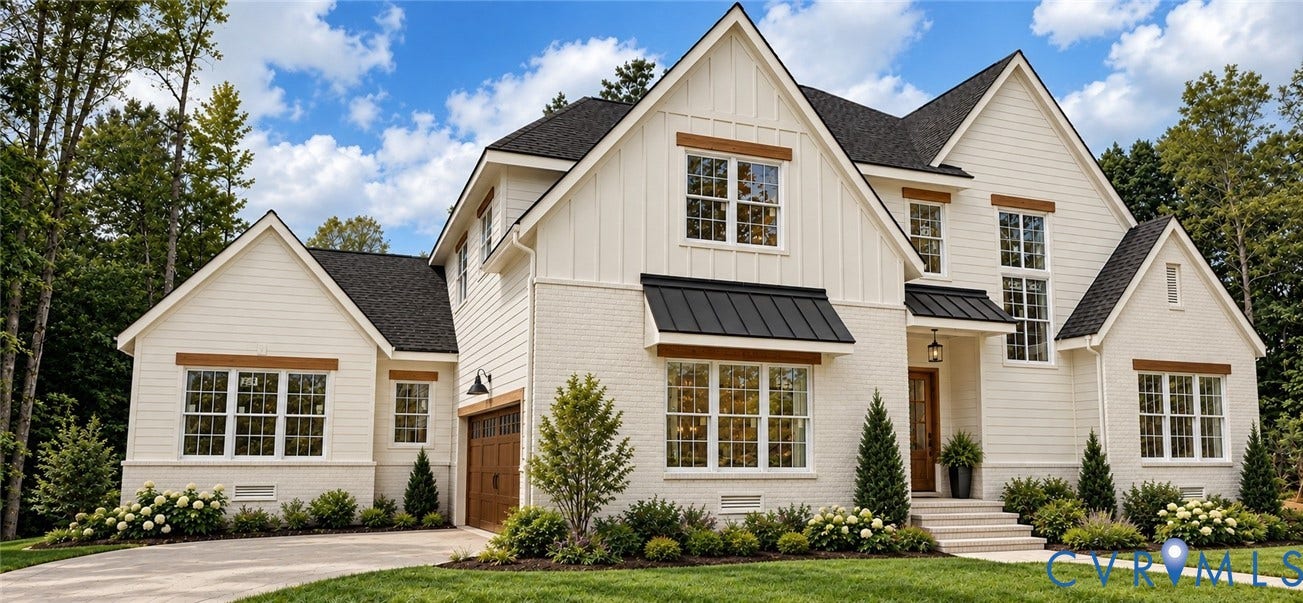 2695 High Bank Place, Powhatan, VA 23139 White brick and board-and-batten exterior with dark-toned roofing and a wood-finish garage door