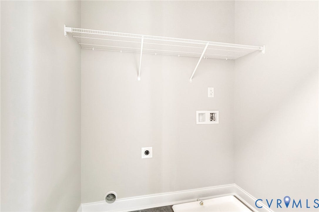 306 E 33rd Street, Swansboro West, Richmond, VA 23224 Dedicated laundry space with light gray walls, white wire shelving, utility hookups, and a utility sink