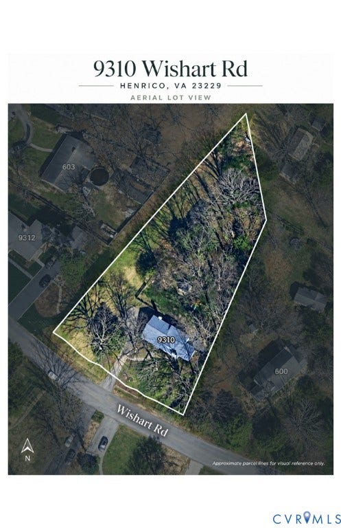 Aerial Lot View. Illustrating the property boundaries and surrounding area for 9310 Wishart Rd