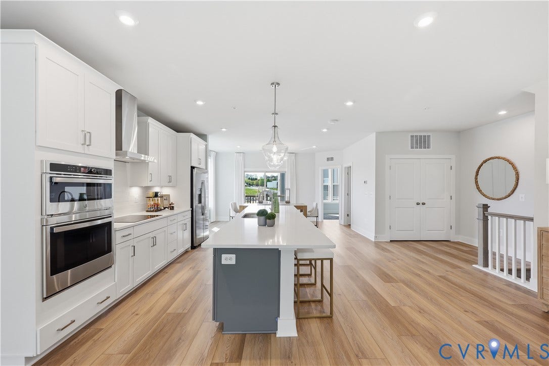 3627 Edna Path, #B, Gayton Village, Henrico, VA 23233 Open-concept kitchen featuring white shaker cabinetry, stainless steel appliances, and a central island with a contrasting base