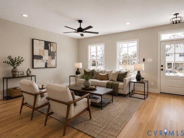 5416 Blueridge Avenue, Richmond, VA 23231 Spacious living area featuring light wood-finish flooring, recessed lighting, and a contemporary ceiling fan
