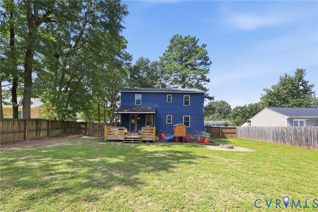 9349 Shiloh Drive, Chesterfield, VA 23237 Expansive backyard with a wood privacy fence, multi-level wood deck, and mature trees