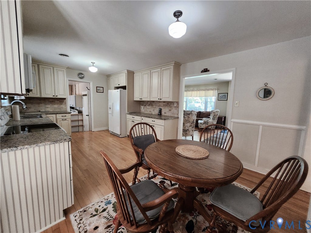 Kitchen featuring wood-finish flooring, light-toned cabinetry, granite countertops, and a tiled backsplash
