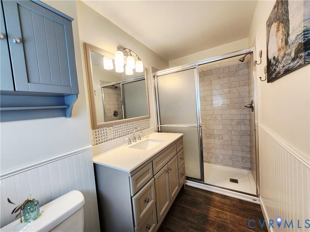 Walk-in shower with tile surround