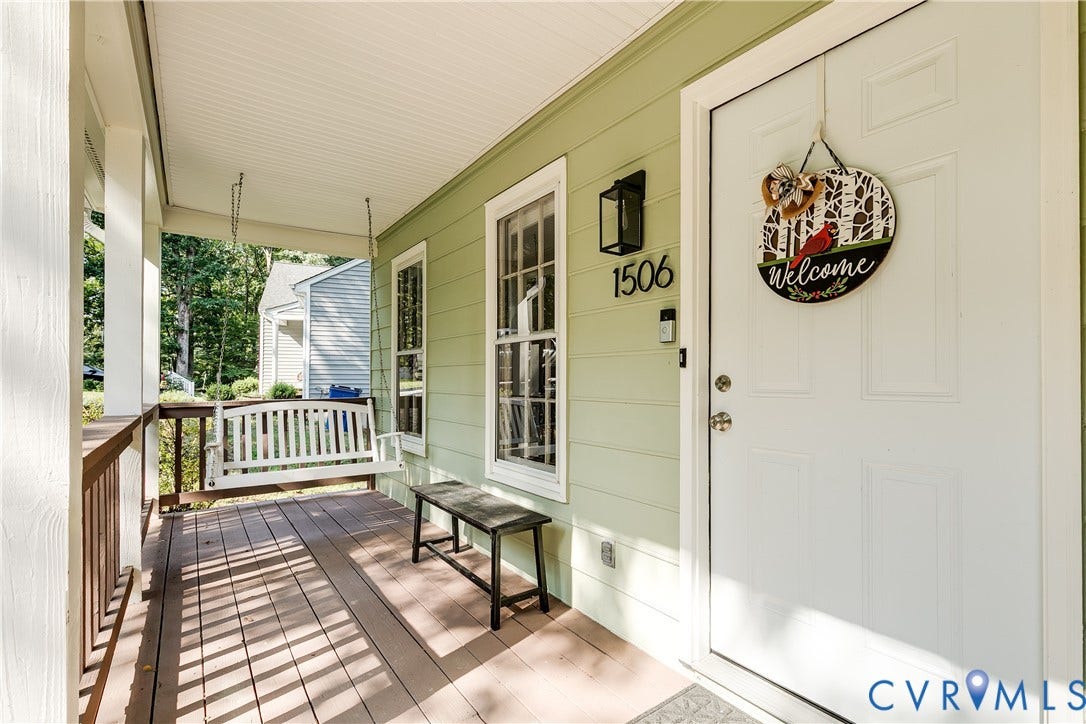 1506 Porters Mill Terrace, Smoketree South, Midlothian, VA 23114 Covered front porch featuring wood-finish flooring, white porch swing, white entry door, and exterior wall lantern