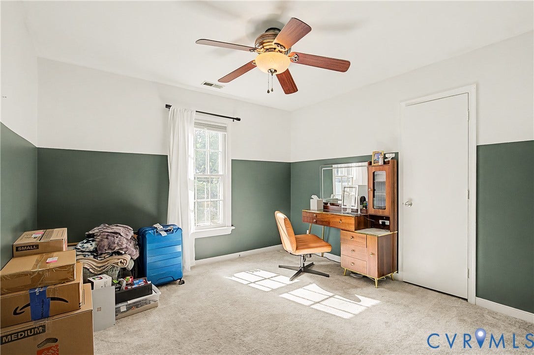 1506 Porters Mill Terrace, Smoketree South, Midlothian, VA 23114 White walls with a contrasting green wainscoting, ceiling fan, and carpeted flooring