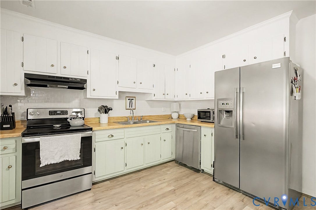 1506 Porters Mill Terrace, Smoketree South, Midlothian, VA 23114 Kitchen featuring wood-finish flooring, two-tone cabinetry, wood countertops, a subway tile backsplash, and stainless steel appliances