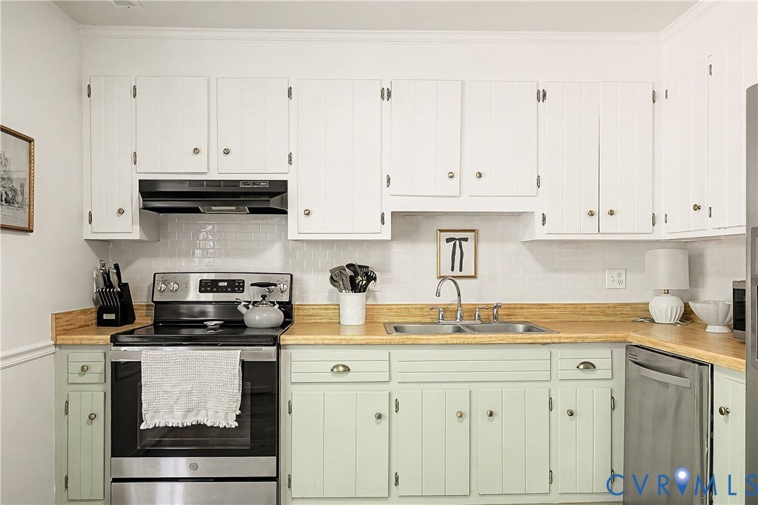 1506 Porters Mill Terrace, Smoketree South, Midlothian, VA 23114 Kitchen featuring white upper cabinetry, light green lower cabinetry, wood-finish countertops, subway tile backsplash, and a stainless steel double basin sink