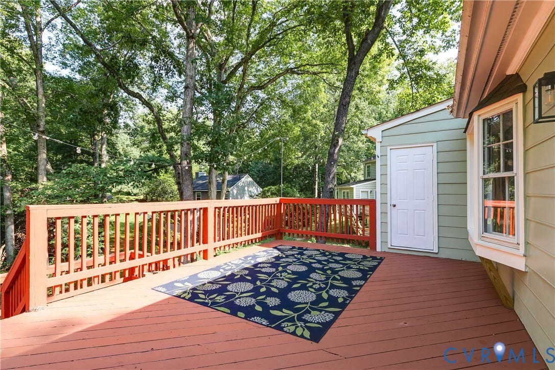 1506 Porters Mill Terrace, Smoketree South, Midlothian, VA 23114 Expansive outdoor deck with wood railing, offering a separate exterior entrance and a bay window
