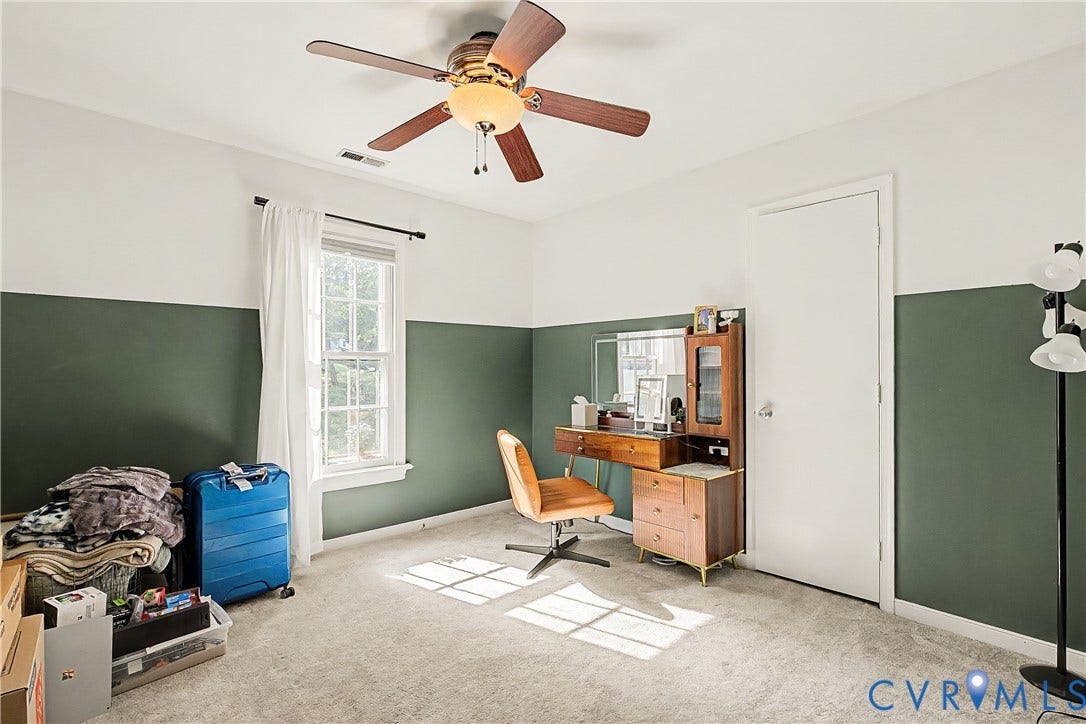 1506 Porters Mill Terrace, Smoketree South, Midlothian, VA 23114 Carpeted room featuring a ceiling fan with light fixture, a single window, and a white door