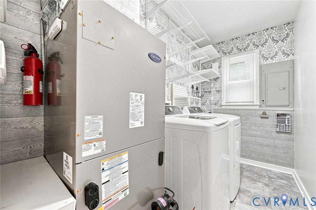 4509 Vienna Woods Place, Innsbrook, Henrico, VA 23060 Utility area featuring an HVAC unit, patterned wall covering, window with blinds, and tiled flooring