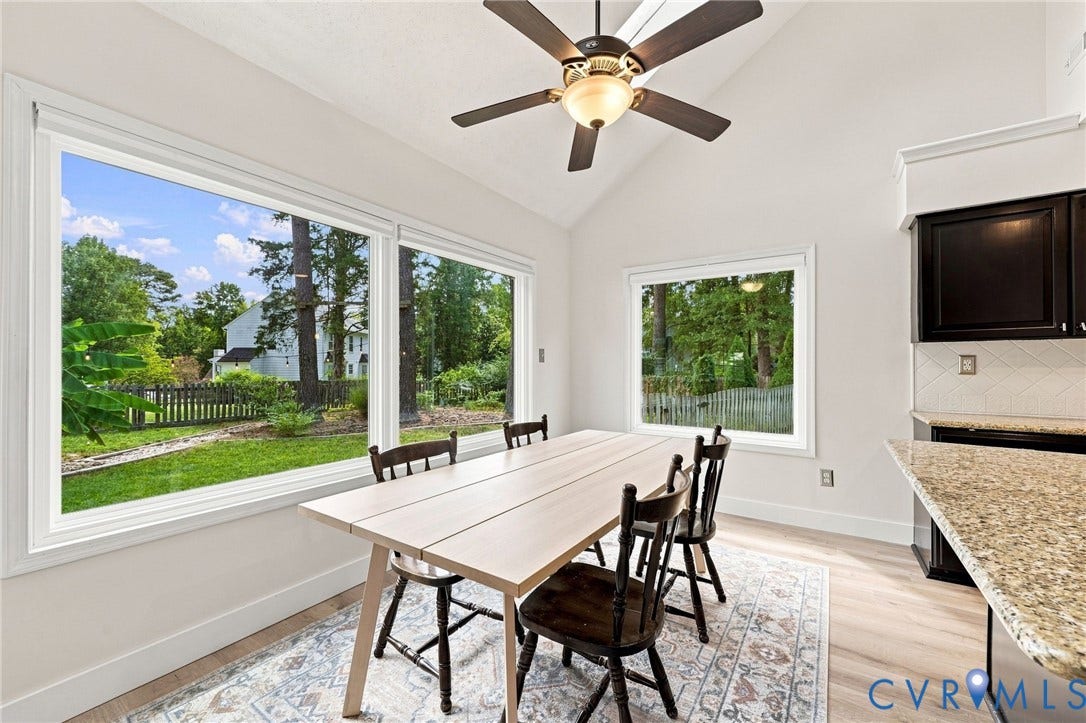 4509 Vienna Woods Place, Innsbrook, Henrico, VA 23060 Vaulted ceiling, ceiling fan with integrated lighting, expansive windows, light wood-finish flooring, and granite countertops