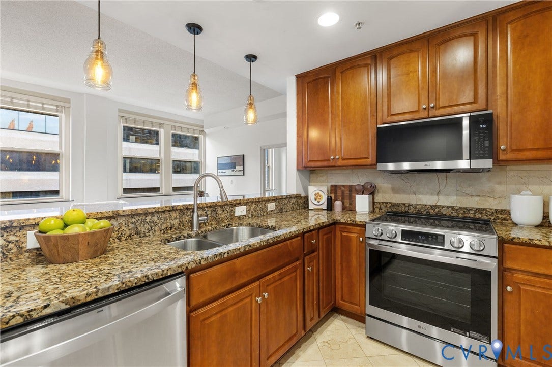 6 N 6th Street, #U5B, Downtown/Financial District, Richmond, VA 23219 Kitchen featuring wood cabinetry, stainless steel appliances, a double basin sink, and granite countertops